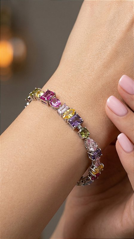 Pulseira Insp Swarovski Zircônias Coloridas Assimetrica Ajustável Prata