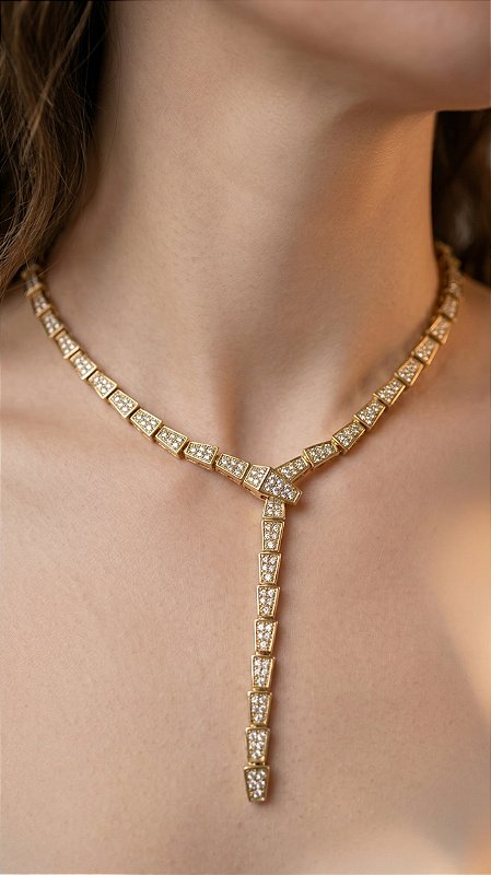 Colar Serpente BV Cravejado Zircônias Dourado