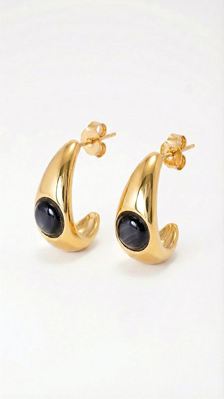 Brinco Argola Bali Aço Dourado Pedra Resina Preta