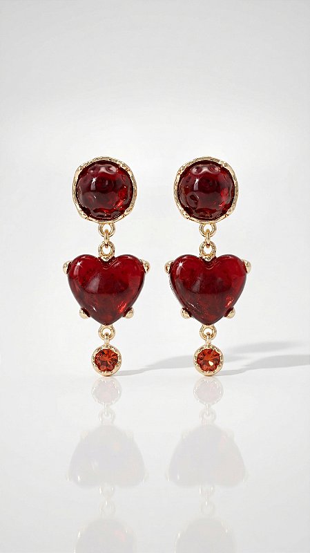 Brinco Coração Pendurado Resina Vermelha Dourado