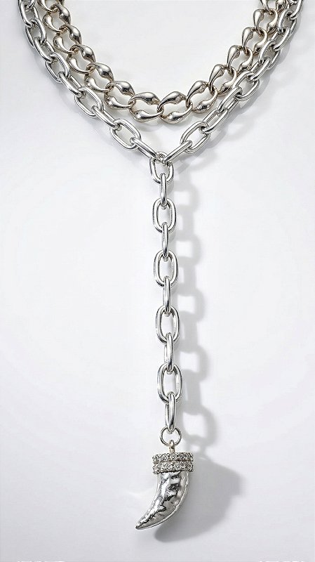 Colar Duplo Correntaria Pingente Dente de Sabre Prata