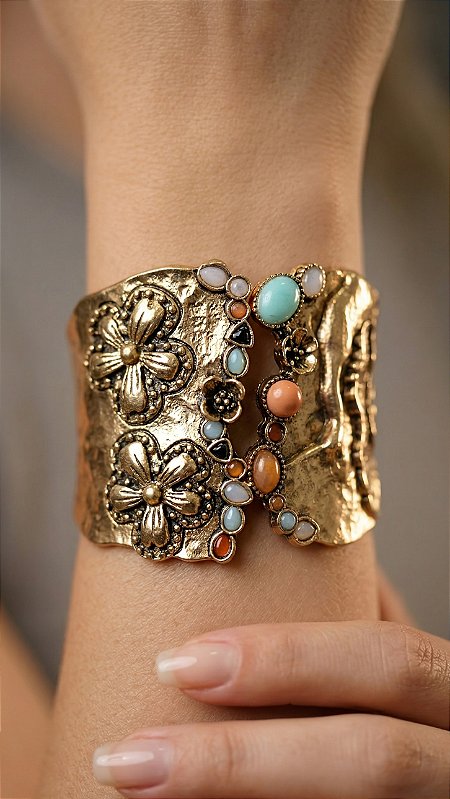 Bracelete Vintage Flores e Resinas Color Dourado Escovado