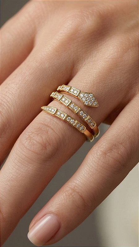 Anel Serpente Insp Bulgaria Cravejado Zircônias Dourado Ajustável