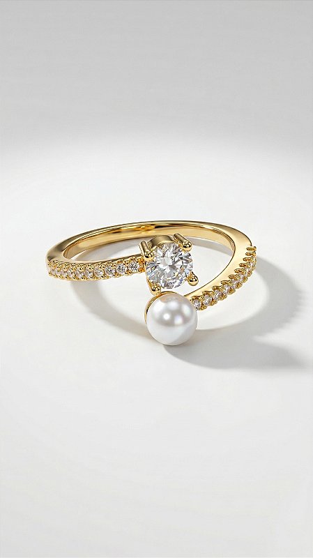 Anel Composê Zircônia e Pérola Dourado Ajustável