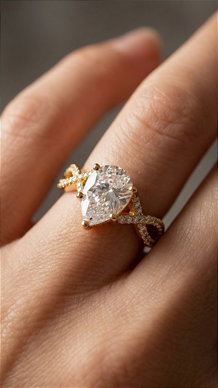 Anel Solitário Gota Zircônia Cravejado Dourado Ajustável