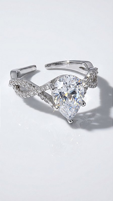 Anel Solitário Gota Zircônia Cravejado Prata Ajustável