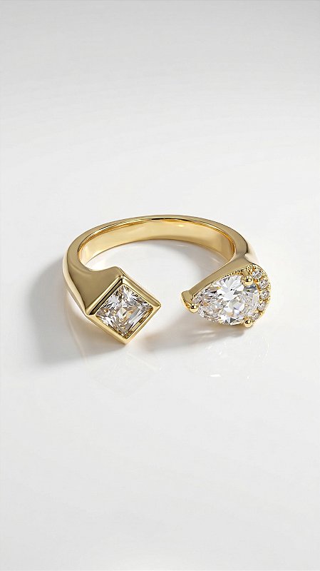 Anel Composê Zircônia Gota & Geométrica Dourado Ajustável