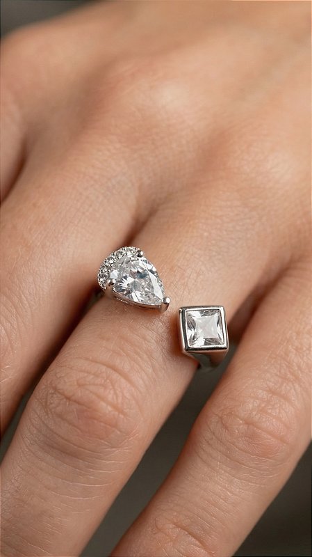 Anel Composê Zircônia Gota & Geométrica Prata Ajustável