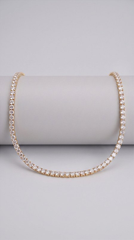 Colar Riviera Redonda 3mm Zircônias Banho Ouro 18K