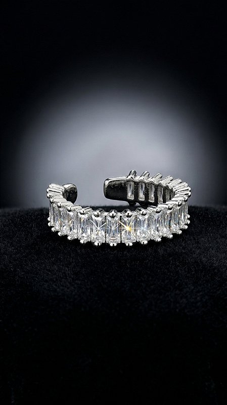 Anel Riviera Baguete Zircônia Cristal Prata Ajustável