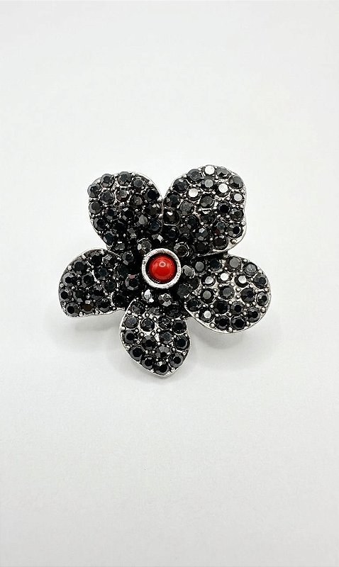 Broche Flor Vintage Strass Preto Prata