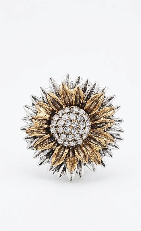 Broche Vintage Flor Banho Duplo Prata e Dourado Strass