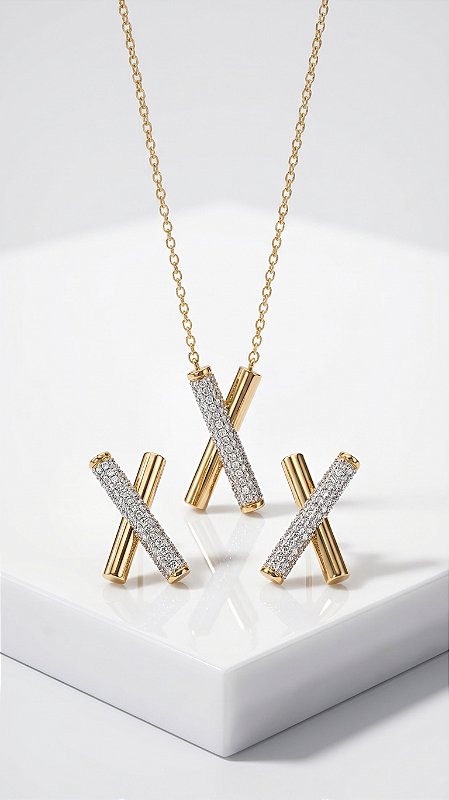 Conjunto X Cravejado Zircônias Dourado