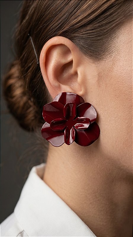 Brinco Flor Metal Esmaltado Vinho