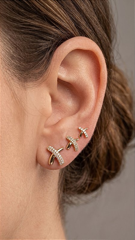 Brinco Trio X Lovers Knot Zircônia Cravejada Dourado