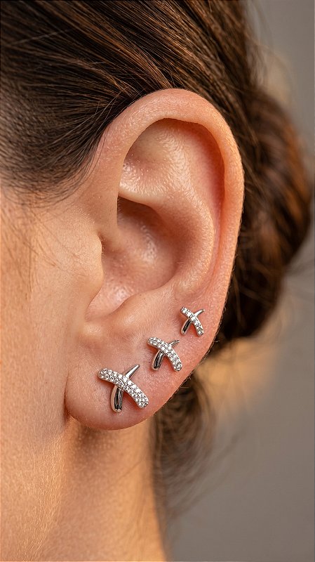 Brinco Trio X Lovers Knot Zircônia Cravejada Prata