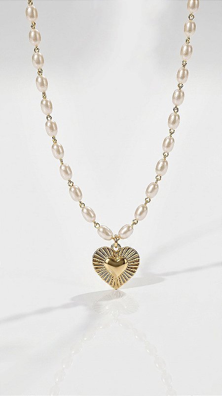 Colar Pérolas Barroca Composê Coração Dourado