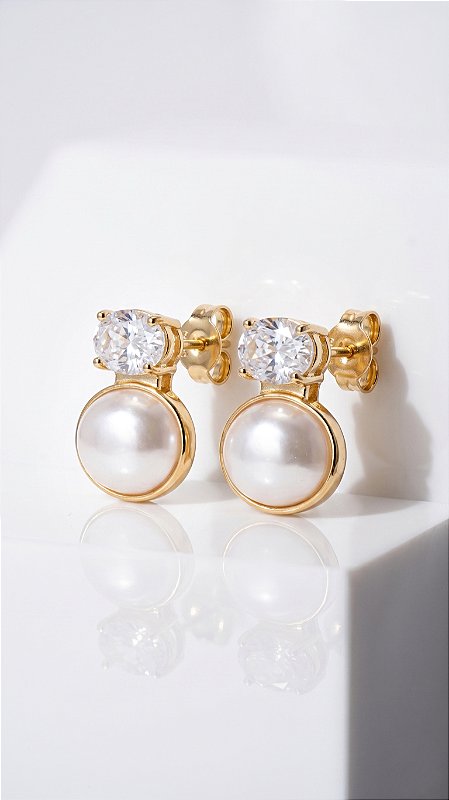 Brinco Pérola Composê Zircônia Branca Dourado