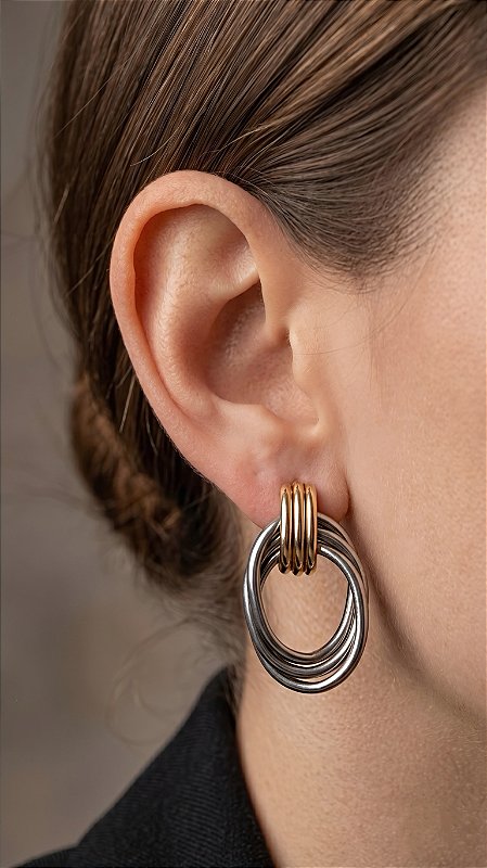 Brinco Elos Bicolor Duo Dourado e Prata