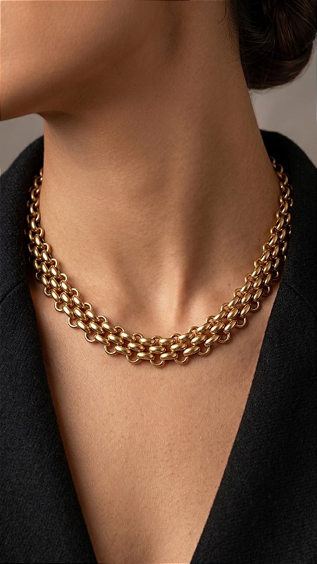 Colar Correntaria Insp Bulgari Aço Dourado