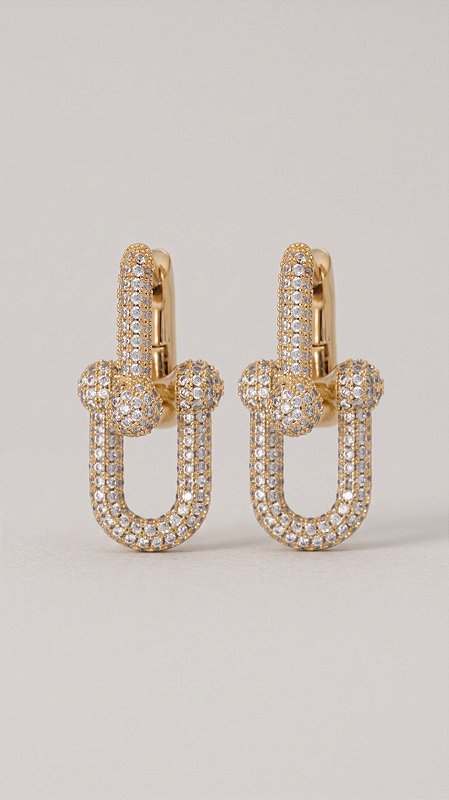 Brinco Elos Cravejado Banho Ouro 18K