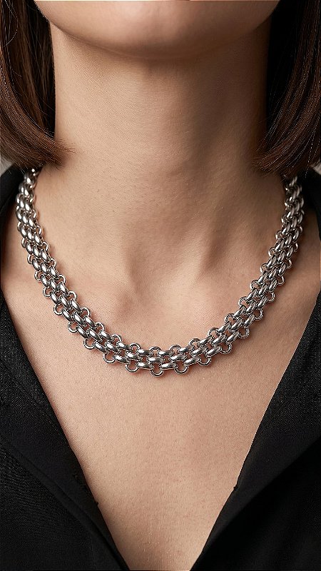Colar Correntaria Insp Bulgari Aço Prata