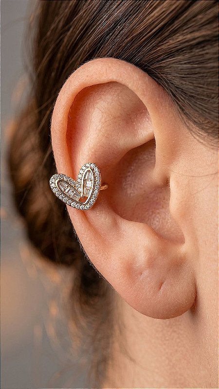 Brinco Ear Cuff Coração Zircônia Dourado