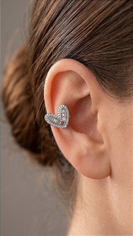 Brinco Ear Cuff Coração Zircônia Prata