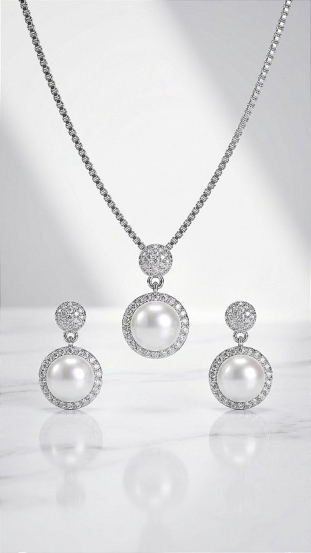 Conjunto Composê Pérola com Zircônia Prata