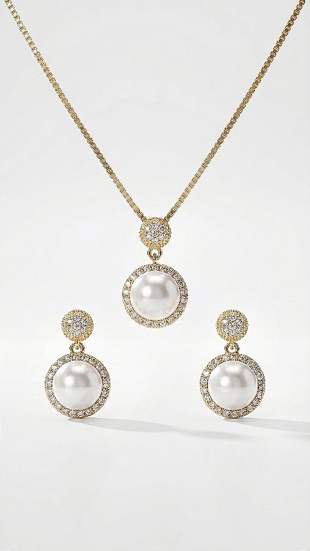 Conjunto Composê Pérola com Zircônia Dourado