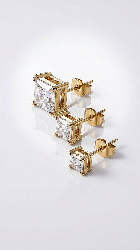 Brincos Trio Aço Ponto de Luz Quadrado 4 Pontas Zircônia Dourado