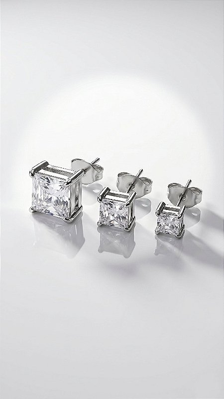 Brincos Trio Aço Ponto de Luz Quadrado 4 Pontas Zircônia Prata