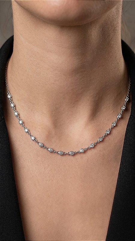 Colar Esferas Cristal Branco Prata