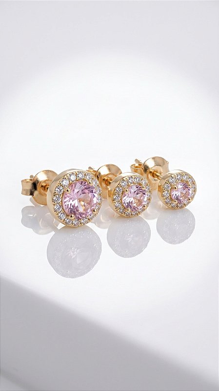 Brinco Trio Ponto de Luz Zircônias Rosa Cravejadas Ouro