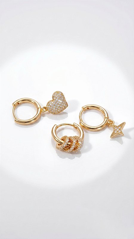 Brinco Trios Argolas Mix Coração Zircônias Cravejadas Ouro