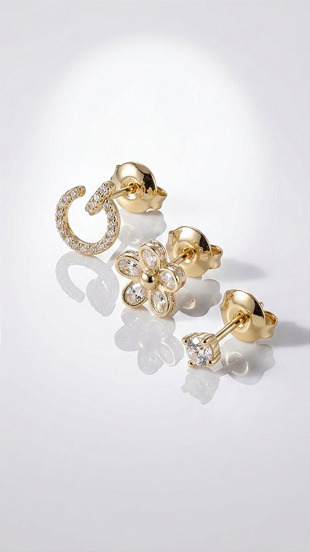 Brinco Trio Flor Mix Zircônias Cravejadas Ouro