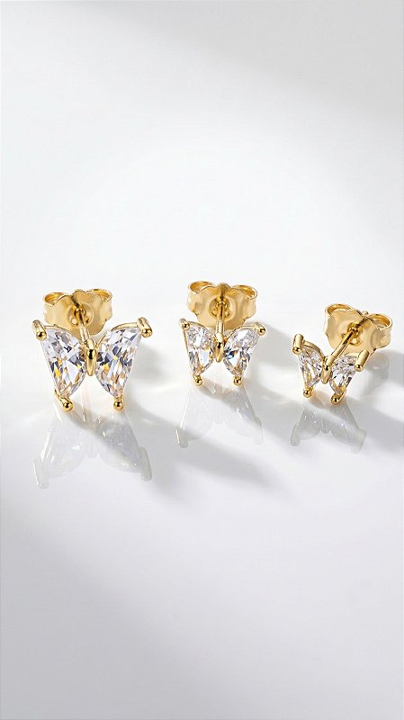 Brinco Trio Borboletas Zircônias Garra Cristal Ouro