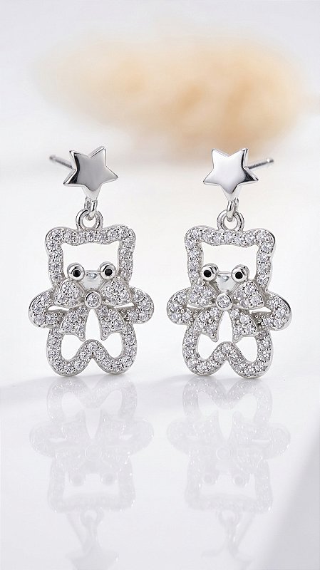 Brinco Urso Composê Zircônias Prata