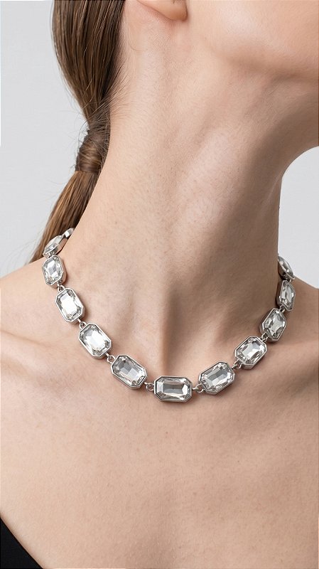 Colar Chatons Cristal Aço Prata