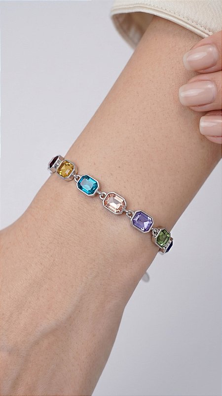 Pulseira Chatons Cristal Coloridos Aço Prata