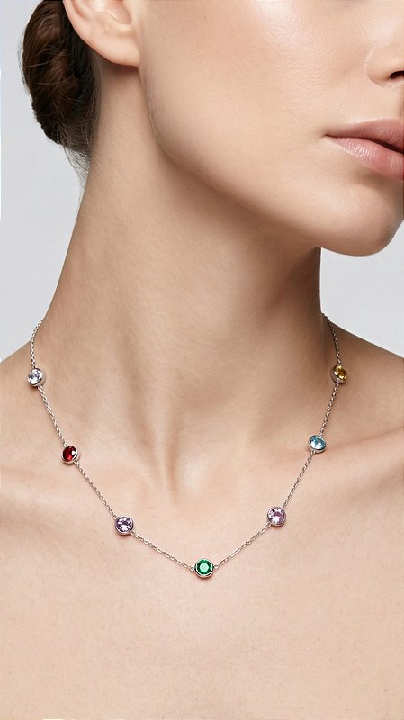Colar Esferas Cristal Colorido Aço Prata