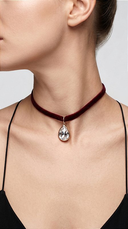 Colar Veludo Vinho Pingente Gota Cristal Dourado