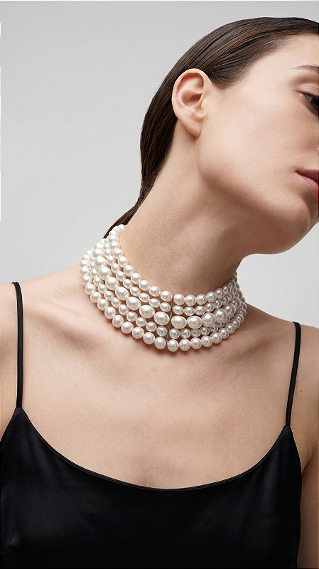 Colar Choker Composê Pérolas Prata