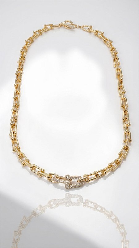 Colar Elos Duplo Mini Cravejados Zircônias Dourado Fecho T