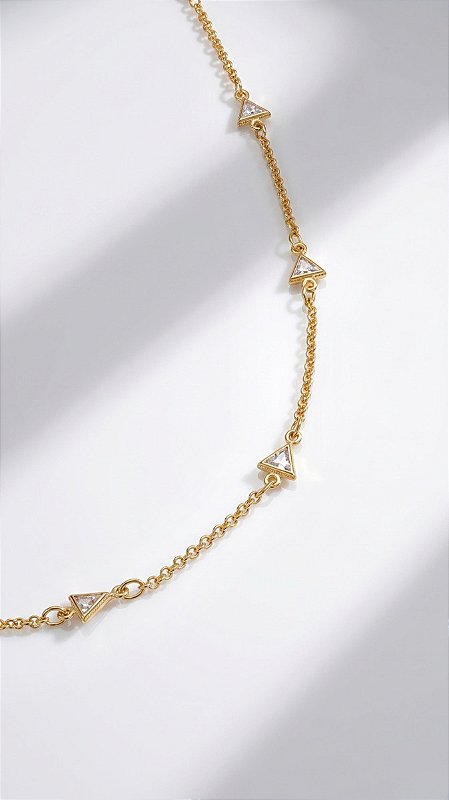 Colar Triângulos Cristal Banho Ouro 18K