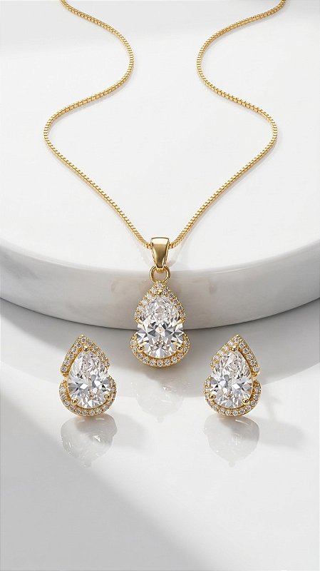 Conjunto Colar e Brincos Gota Lapidada Zircônias Branca Cravejada Prata