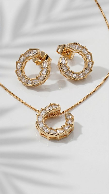 Conjunto Colar e Brincos Mini Serpente Zircônia Branca Dourada