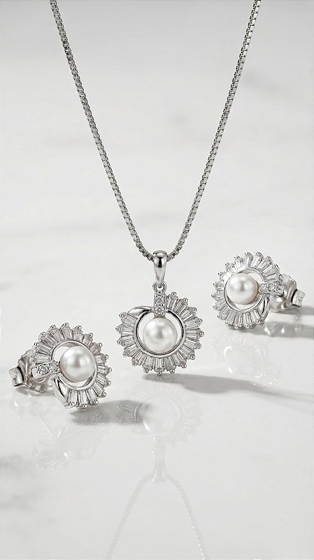 Conjunto Colar e Brincos Composê Zircônia Baguete & Pérola Prata