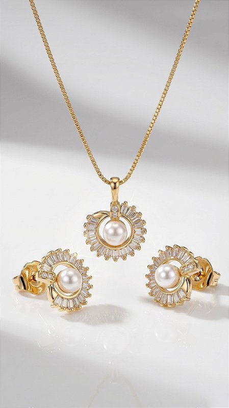 Conjunto Colar e Brincos Composê Zircônia Baguete & Pérola Dourado