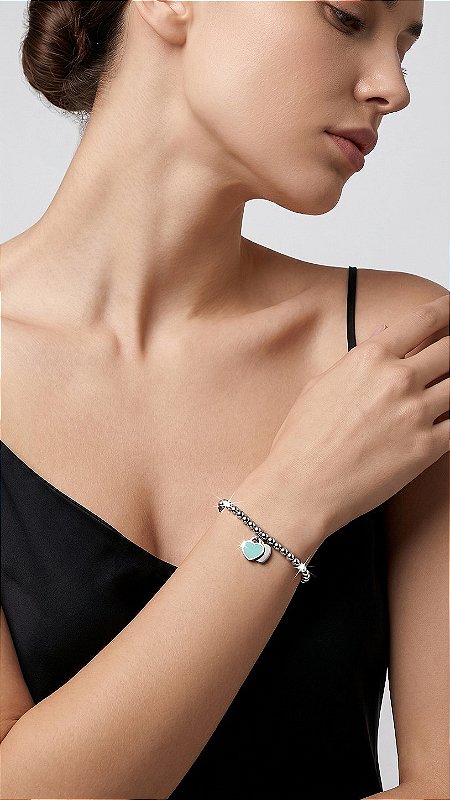 Pulseira Mini Esferas Duplo Coração Azul Aço Prata